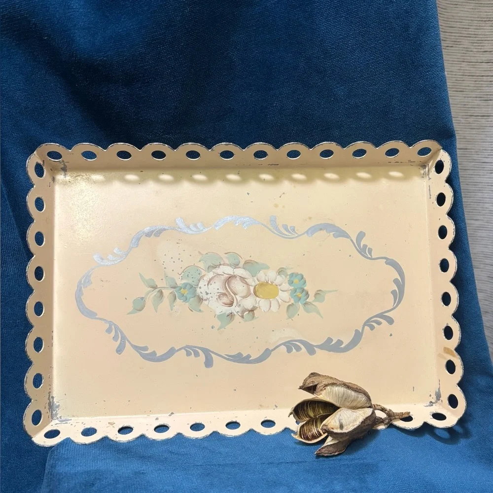 Vintage Hand-Painted “ Toleware” Floral Cream/Peach Decorative Tray